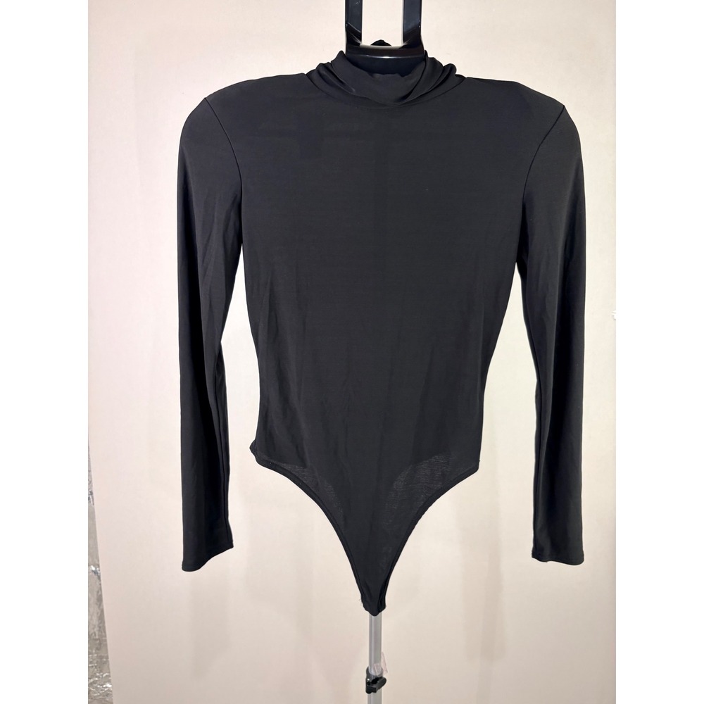 Fashion Nova‎ Black Mock Neck Long Sleeve Ruched Back Bodysuit Snap Closure